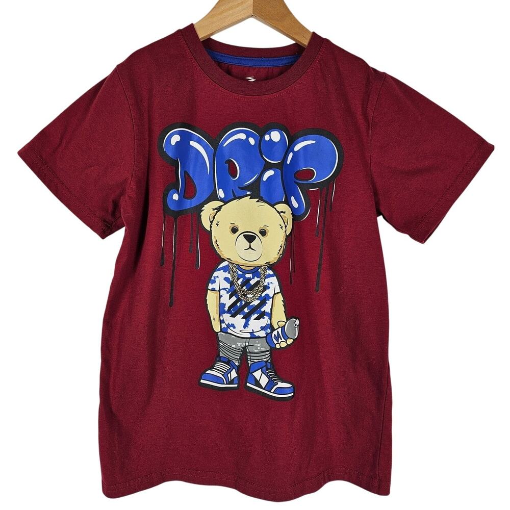 S1OPE BOY'S BURGUNDY DRIP BEAR GRAFFITI SHORT SLEEVE T-SHIRT - SIZE 12/14